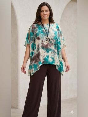 NWT SARA MIQUE 100% Silk Jade Espresso Tie-Dye Blouse w/ Wide-led Pans Fit Sz 1X